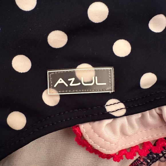 Navy & White Polka Dot 1 Piece Swimsuit Swim Hat Red Bow Size 2 Azul Swimwear 2t - Picture 3 of 9